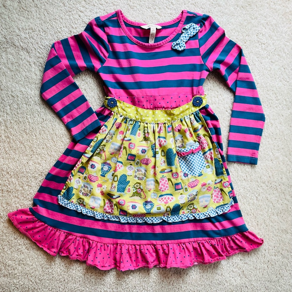 Matilda Jane Pink & blue long sleeved striped dress with baking theme apron